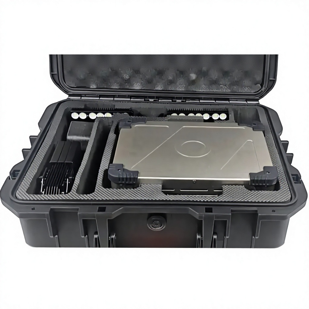 Custom foam carry case — everything stows in 495 × 410 × 220 mm