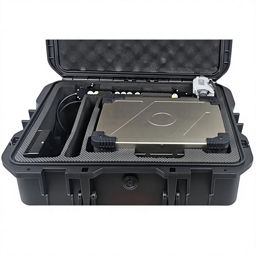 Custom foam carry case — everything stows in 495 × 410 × 220 mm