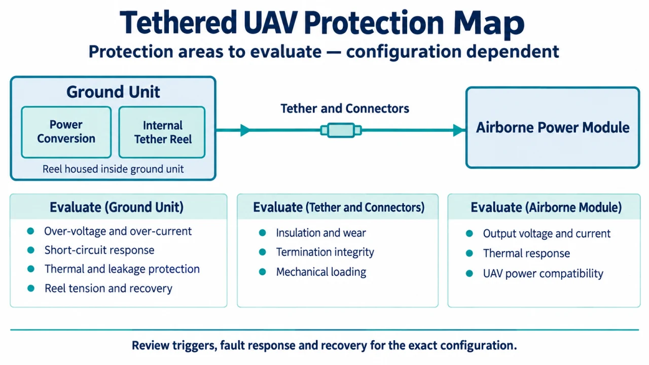 Electrical and mechanical protection areas in a tethered UAV power system