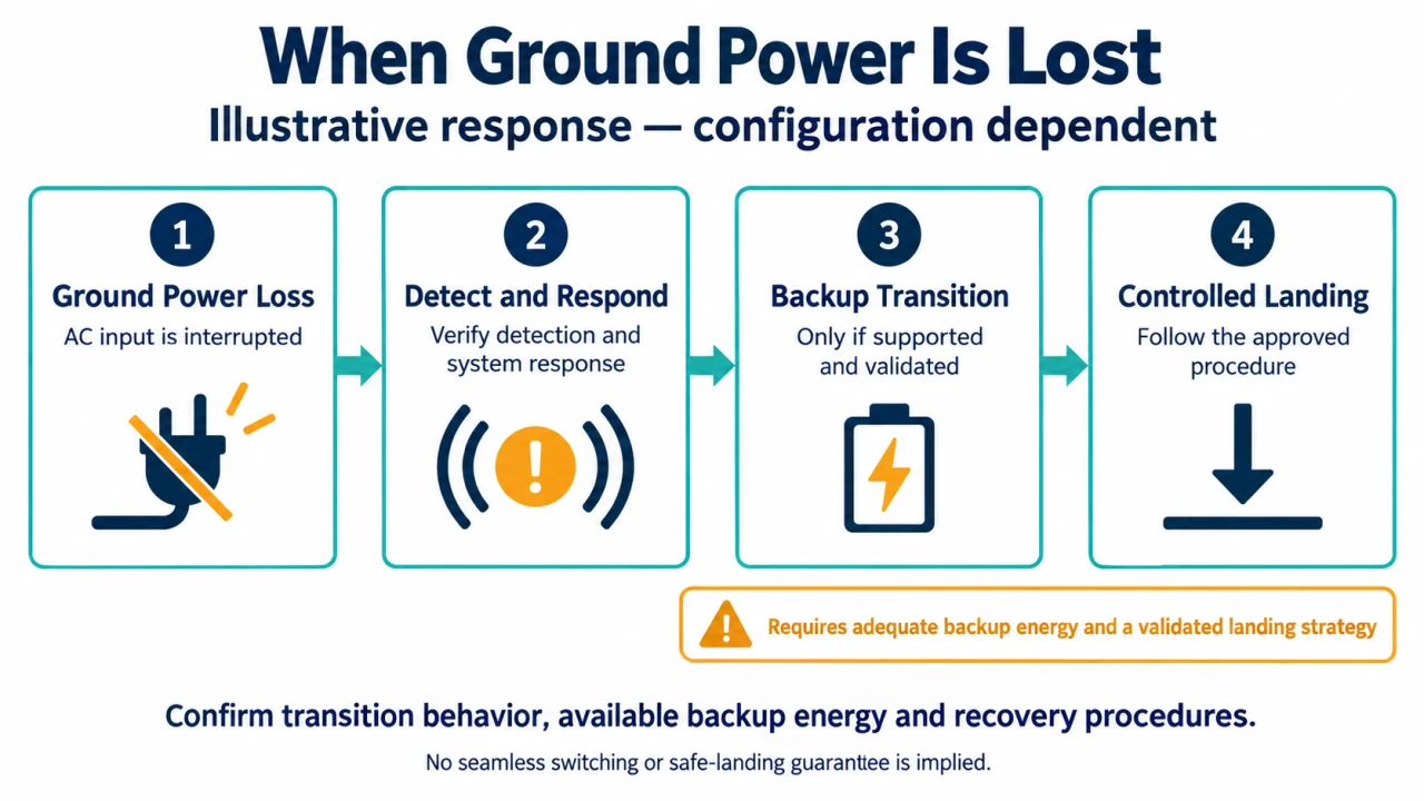 Configuration dependent response to loss of ground power in a tethered UAV system