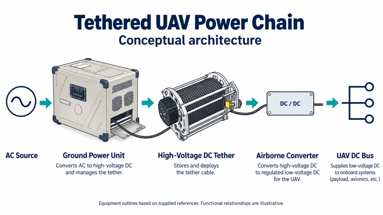 Conceptual tethered UAV power chain from ground AC supply to the aircraft DC bus