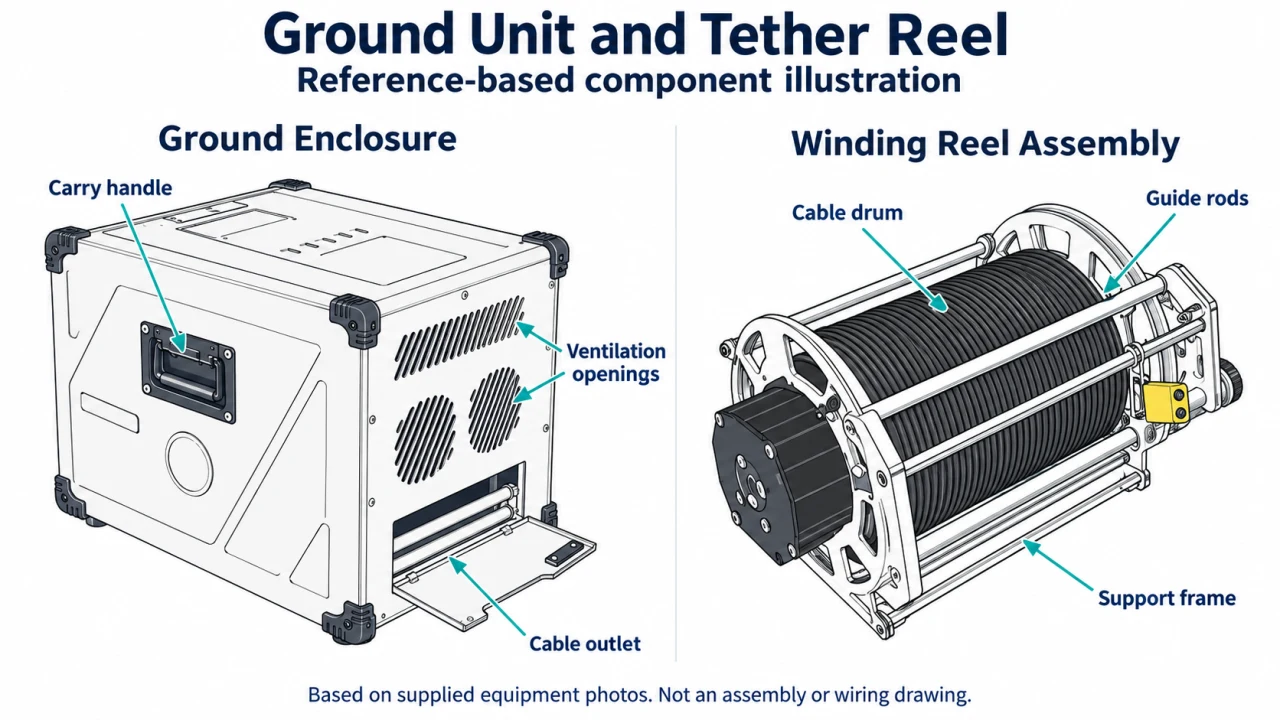 Ground power unit and tether reel assembly — reference-based component illustration