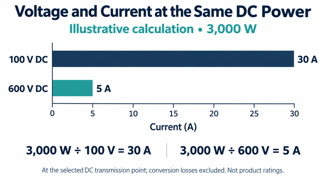 Illustrative current comparison for 3000 watts at 100 and 600 volts DC