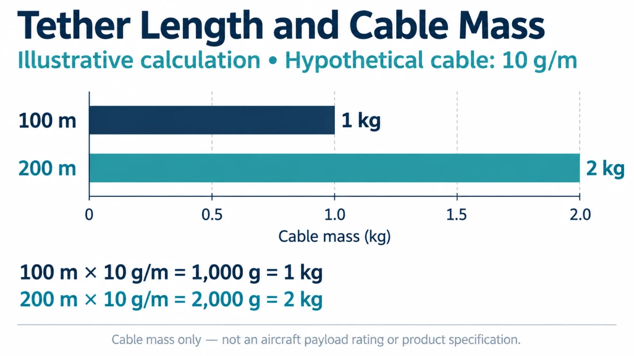 Illustrative cable mass at 100 and 200 metres for a 10 gram per metre tether