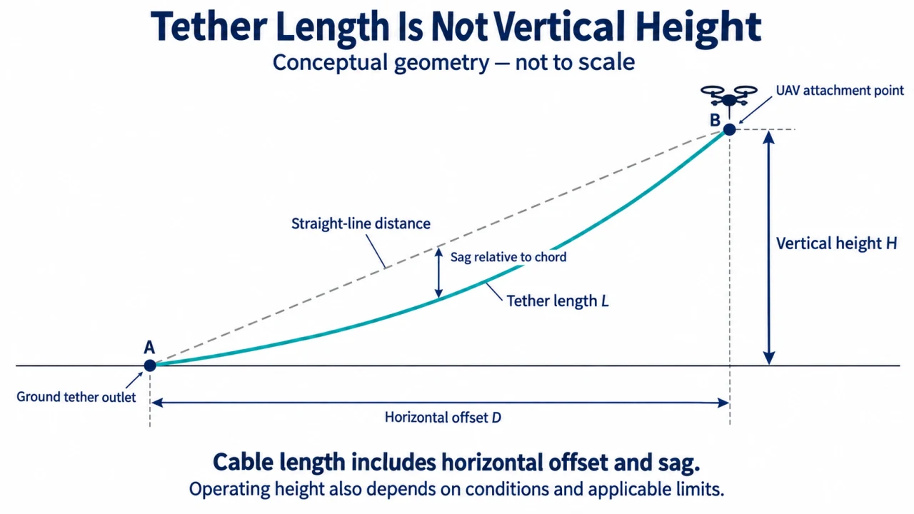 Tether length compared with vertical UAV height and horizontal offset