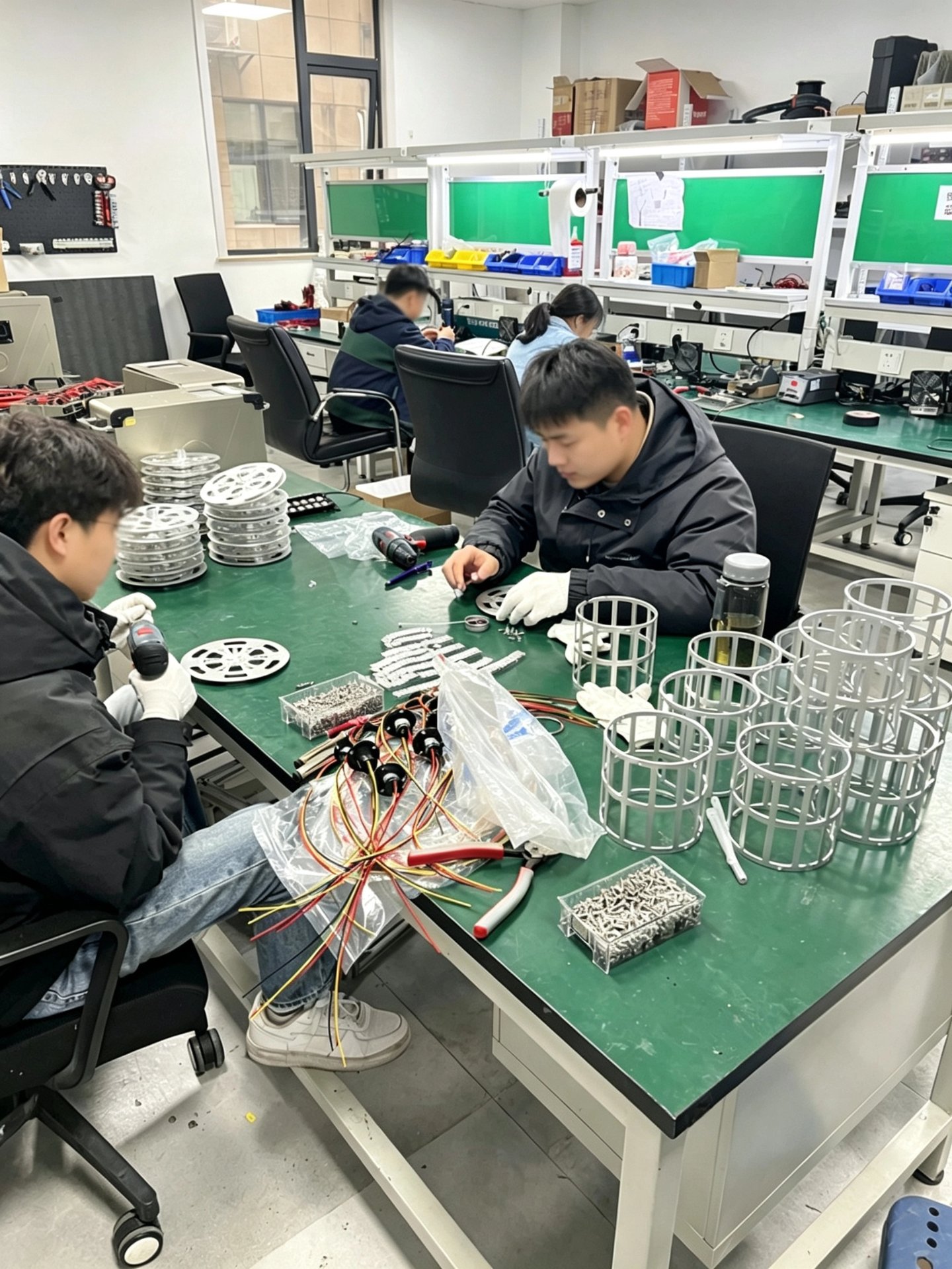 Engineer soldering drone power supply module in clean workshop