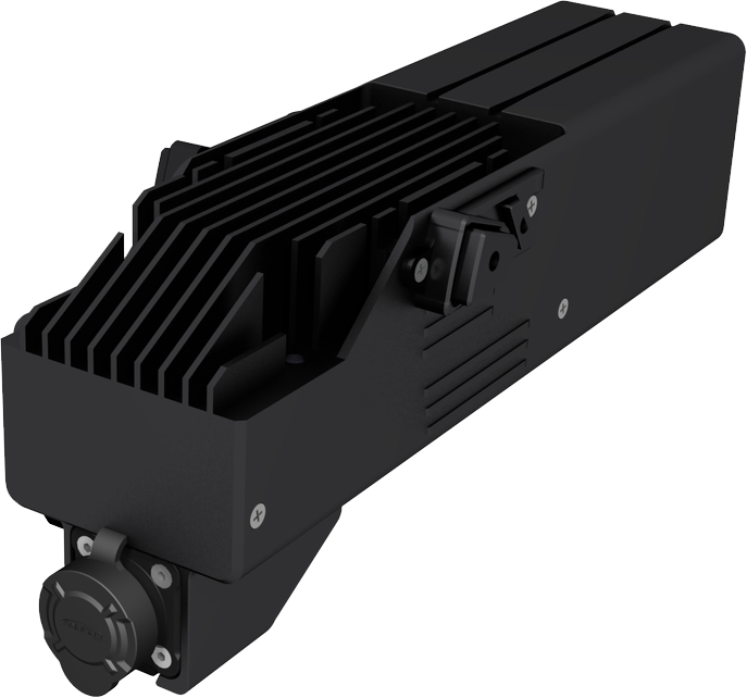 Airborne module — 370 g battery-bay unit, finned heat-sink body, HV connector